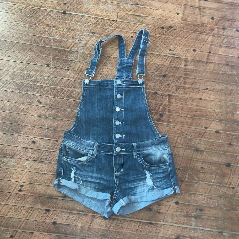 Almost Famous button down distressed 3 denim overall shorts